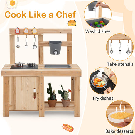 Juego de cocina exterior de 3 piezas, cocina de barro con parrilla y horno para pizza separados - Natural