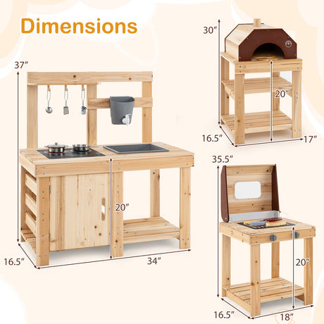 Juego de cocina exterior de 3 piezas, cocina de barro con parrilla y horno para pizza separados - Natural