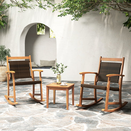 Juego de 3 piezas de mecedoras de patio de madera de acacia con mesa auxiliar