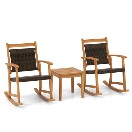 Juego de 3 piezas de mecedoras de patio de madera de acacia con mesa auxiliar