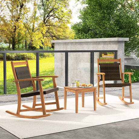 Juego de 3 piezas de mecedoras de patio de madera de acacia con mesa auxiliar