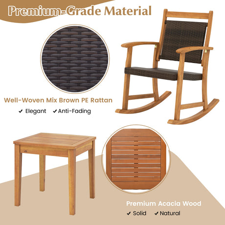 Juego de 3 piezas de mecedoras de patio de madera de acacia con mesa auxiliar
