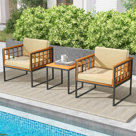 Juego de 3 piezas de sillas de patio, sofá de exterior de madera de acacia con cojines suaves - Beige