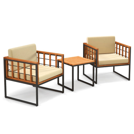 Juego de 3 piezas de sillas de patio, sofá de exterior de madera de acacia con cojines suaves - Beige