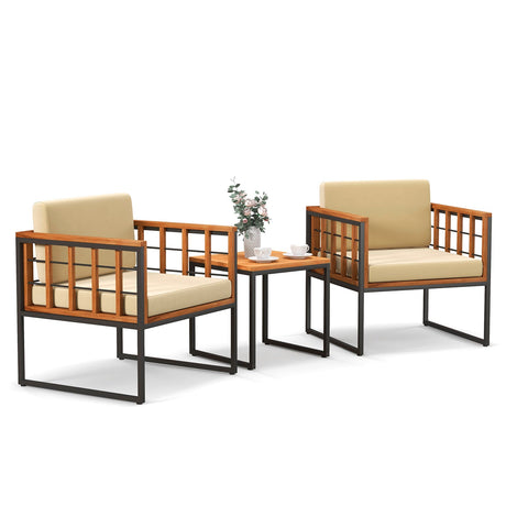 Juego de 3 piezas de sillas de patio, sofá de exterior de madera de acacia con cojines suaves - Beige