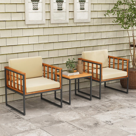 Juego de 3 piezas de sillas de patio, sofá de exterior de madera de acacia con cojines suaves - Beige