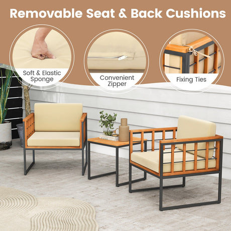 Juego de 3 piezas de sillas de patio, sofá de exterior de madera de acacia con cojines suaves - Beige