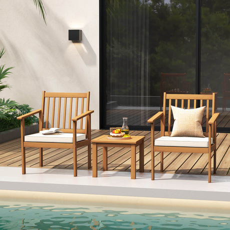 Juego de muebles de madera para patio de 3 piezas con cojines suaves para el porche