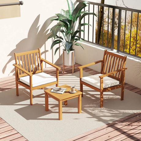 Juego de muebles de madera para patio de 3 piezas con cojines suaves para el porche
