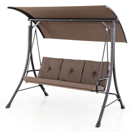 Columpio de Porche Exterior de 3 Asientos con Toldo Ajustable y Cojines Acolchados