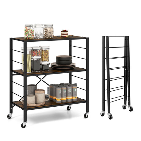 Estantería plegable de 3 niveles con ruedas desmontables y estantes ajustables