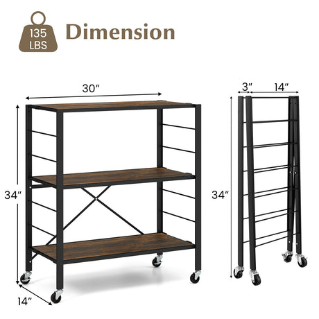 Estantería plegable de 3 niveles con ruedas desmontables y estantes ajustables