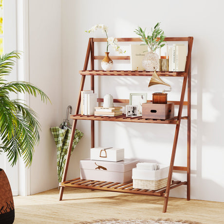 Estantería de bambú plegable de 3 niveles para plantas, flores o libros - Marrón