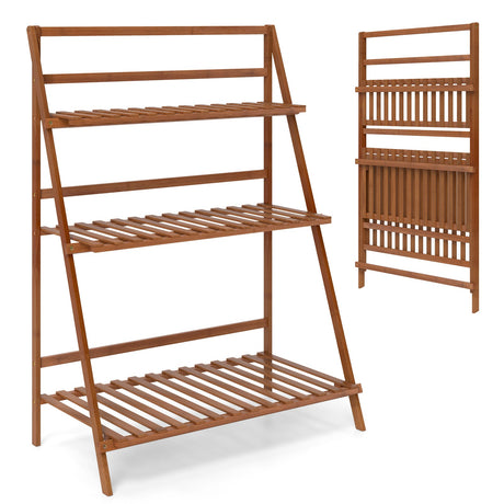 Estantería de bambú plegable de 3 niveles para plantas, flores o libros - Marrón