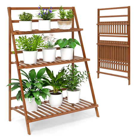 Estantería de bambú plegable de 3 niveles para plantas, flores o libros - Marrón