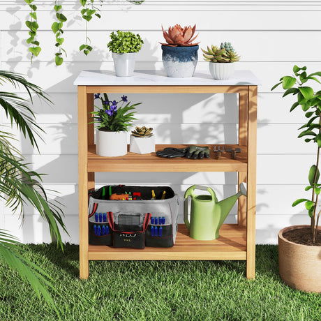 Mesa de trabajo de jardín de 3 niveles con encimera estilo mármol