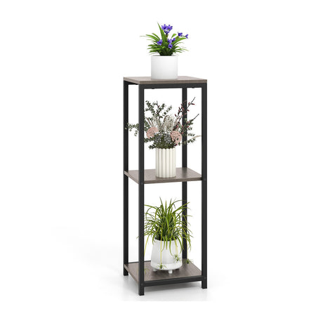 Soporte para plantas de metal alto de 3 niveles, estante esquinero con dispositivo antivuelco, color negro y gris