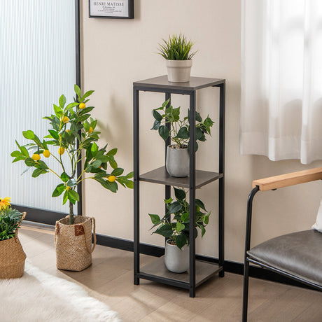 Soporte para plantas de metal alto de 3 niveles, estante esquinero con dispositivo antivuelco, color negro y gris