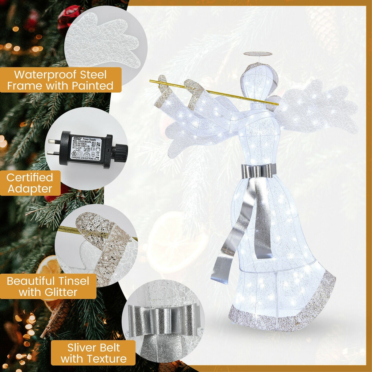 Decoración navideña de ángel preiluminada con 100 luces LED