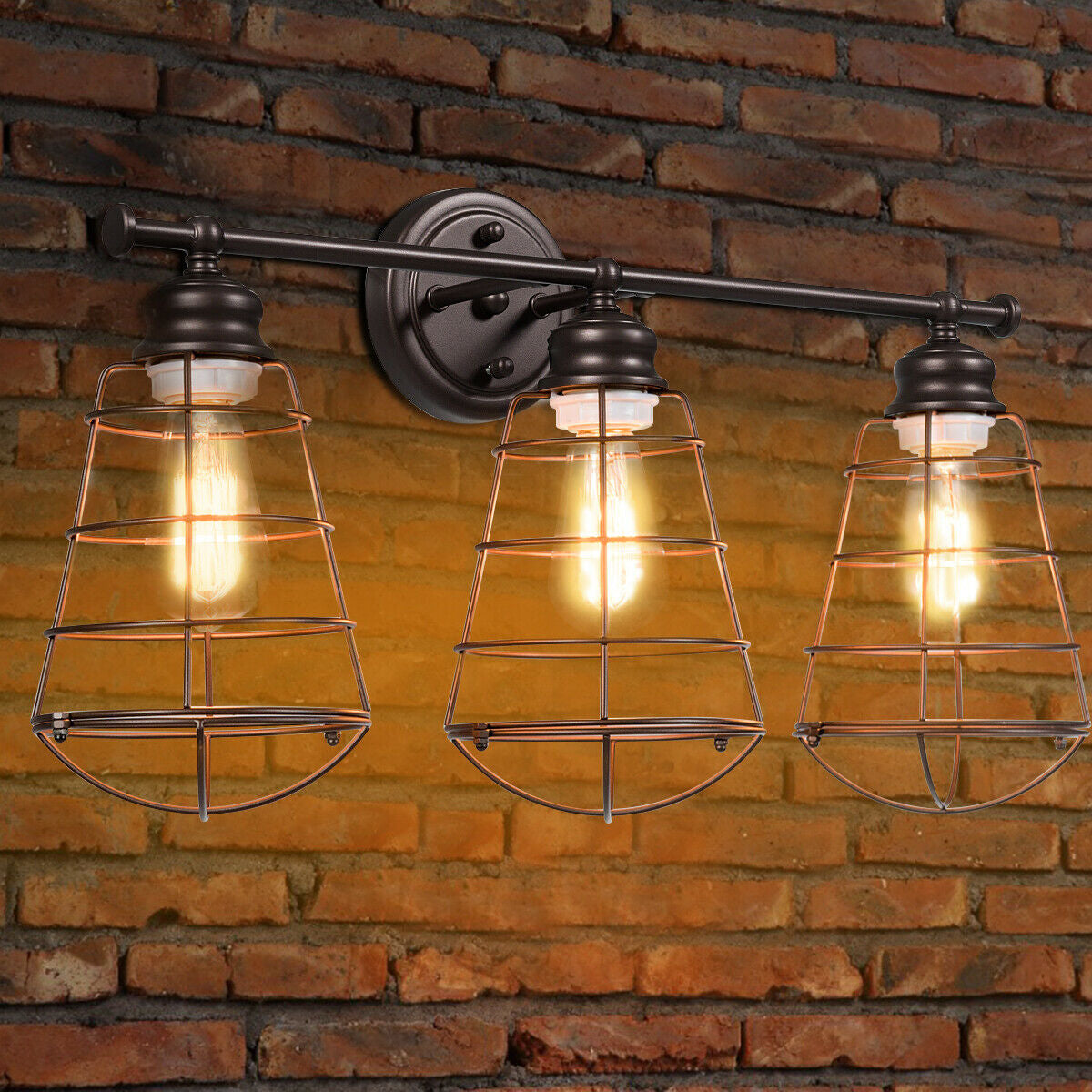 Lámpara de tocador de 3 luces para baño con jaula de metal