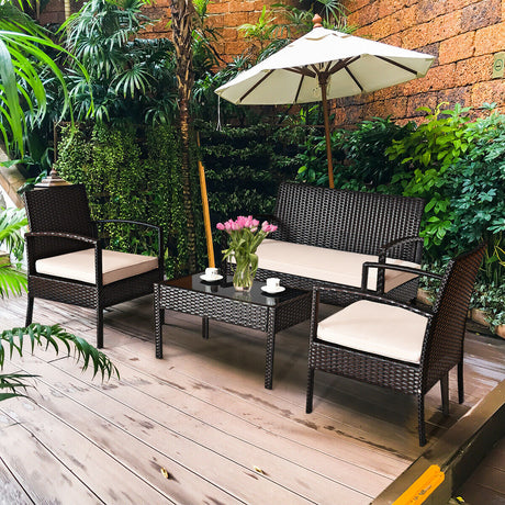 Juego de conversación de patio de ratán de 4 piezas con sofás biplazas y mesa de centro