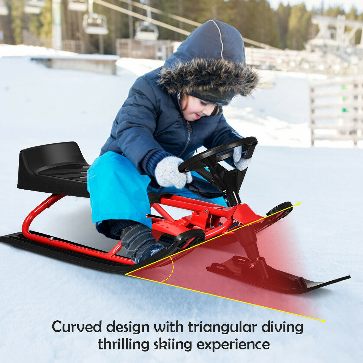 Trineo de nieve para niños con volante, frenos dobles y cuerda de tracción