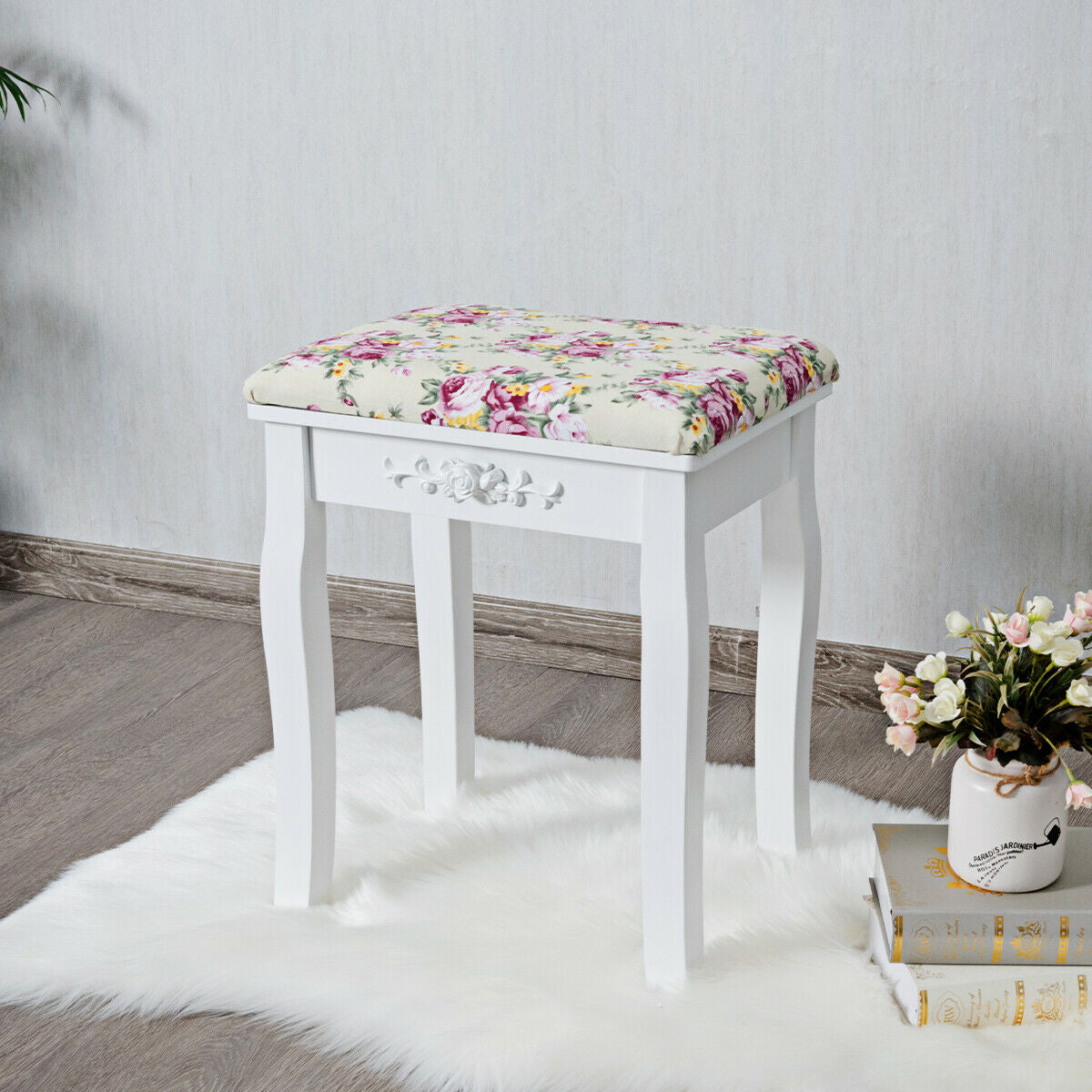 Taburete tocador de madera, asiento de piano acolchado con cojín de rosas