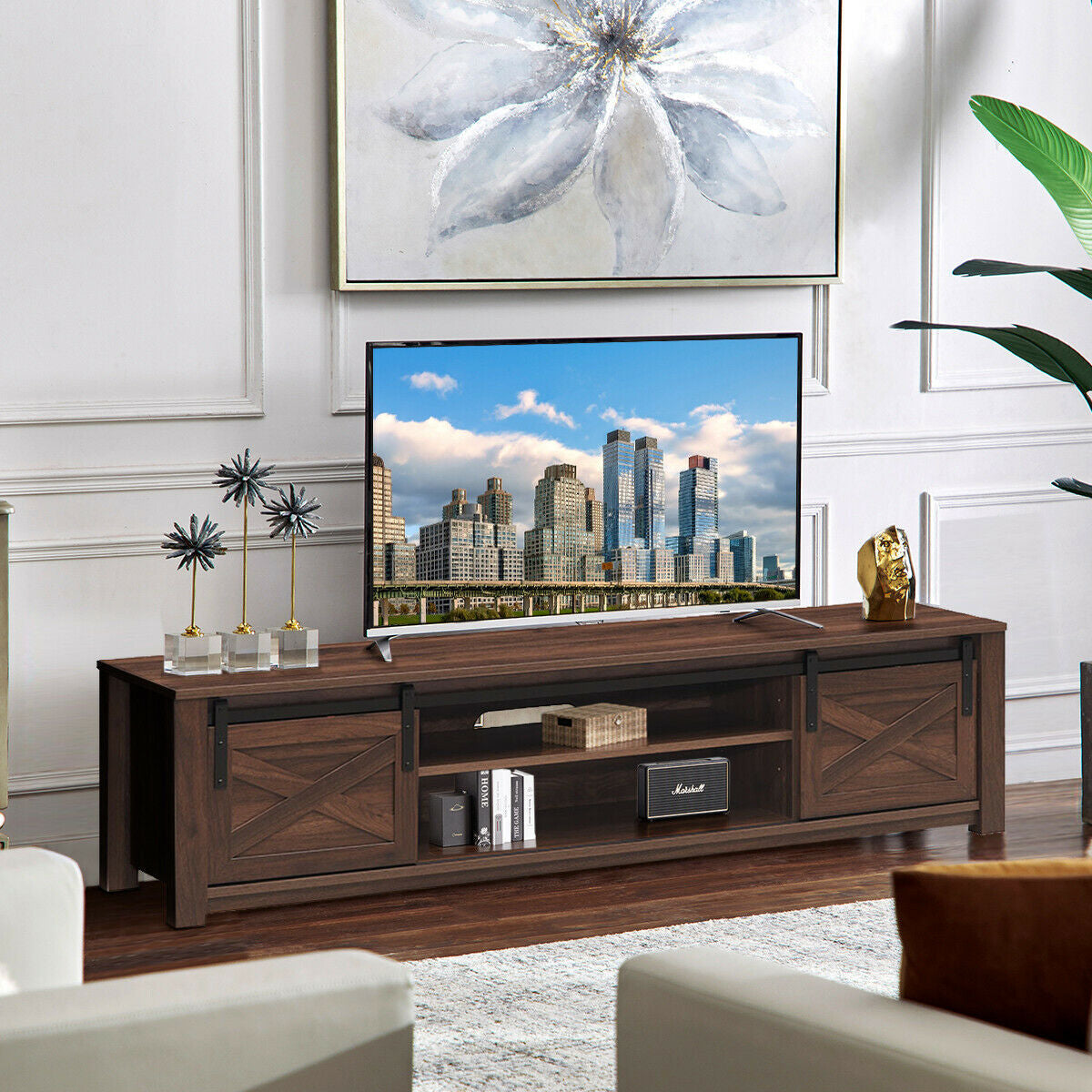 Mueble de TV de 65 pulgadas con puerta corrediza estilo granero