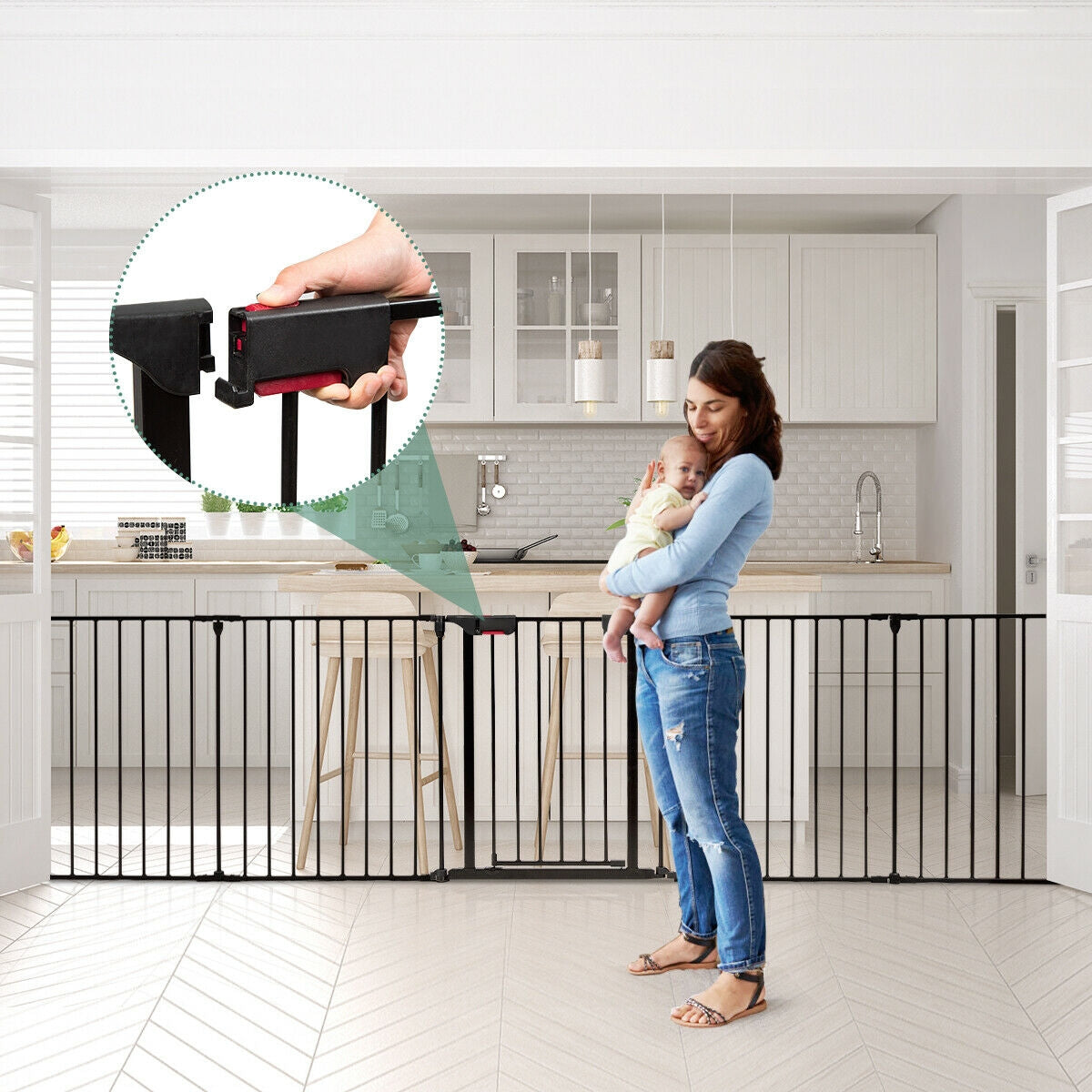 Valla de metal de 6 paneles ajustable para bebés, de montaje en pared - Negra