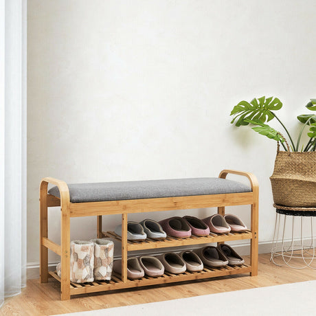 Banco Zapatero de Bambú de 3 Niveles con Cojín - Natural