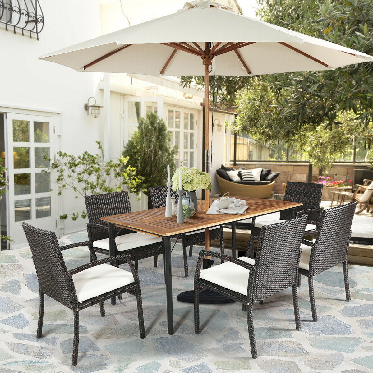 Juego de comedor de ratán acolchado de 7 piezas para patio con agujero para sombrilla