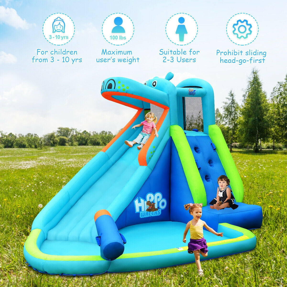 Tobogán hinchable acuático de hipopótamo con soplador de 740 W