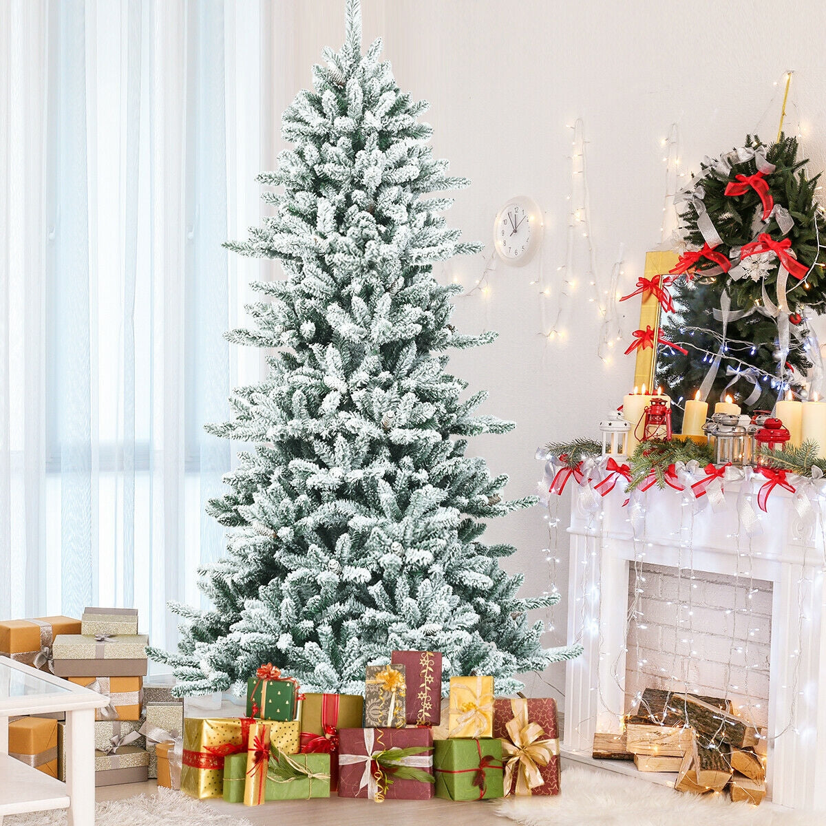 Abeto de Navidad artificial delgado de 7 pies con nieve flocada