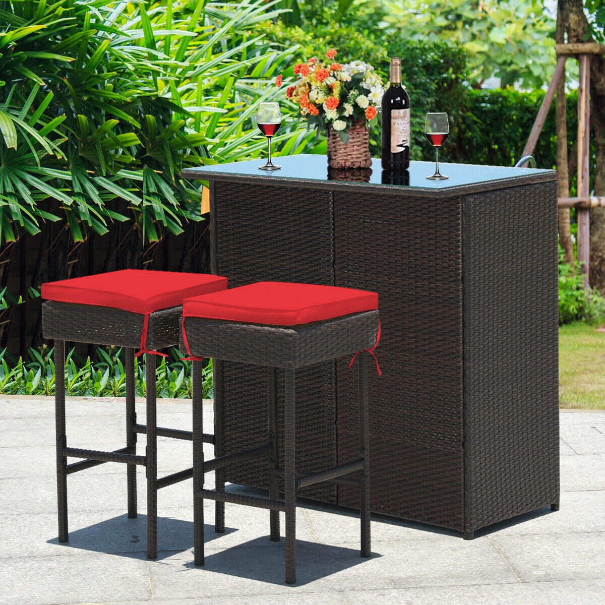 Juego de comedor de 3 piezas para patio de mimbre de ratán con mesa y taburetes - Turquesa