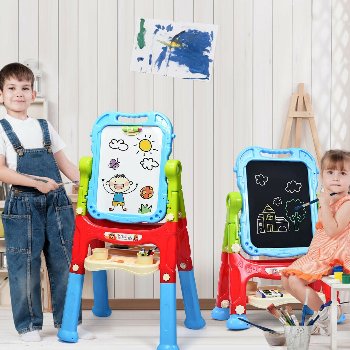 Pizarra de arte magnética de doble cara ajustable en altura para niños