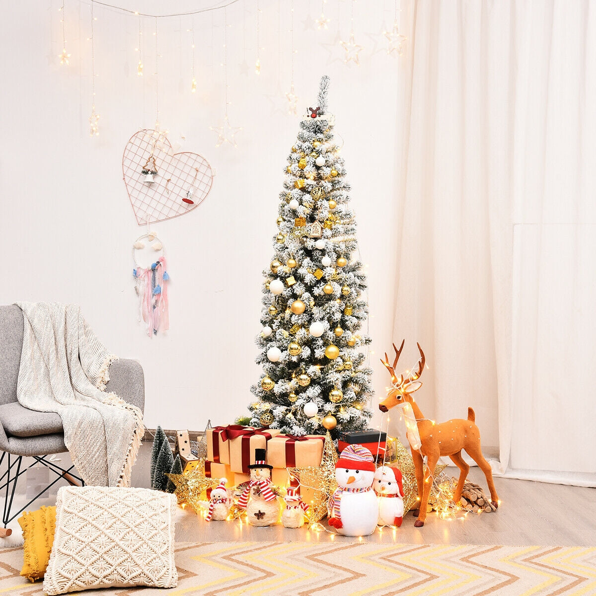 Árbol de Navidad artificial tipo lápiz con bisagras sin luces y efecto nevado, de 1.83 m (6 pies) con 500 puntas de rama