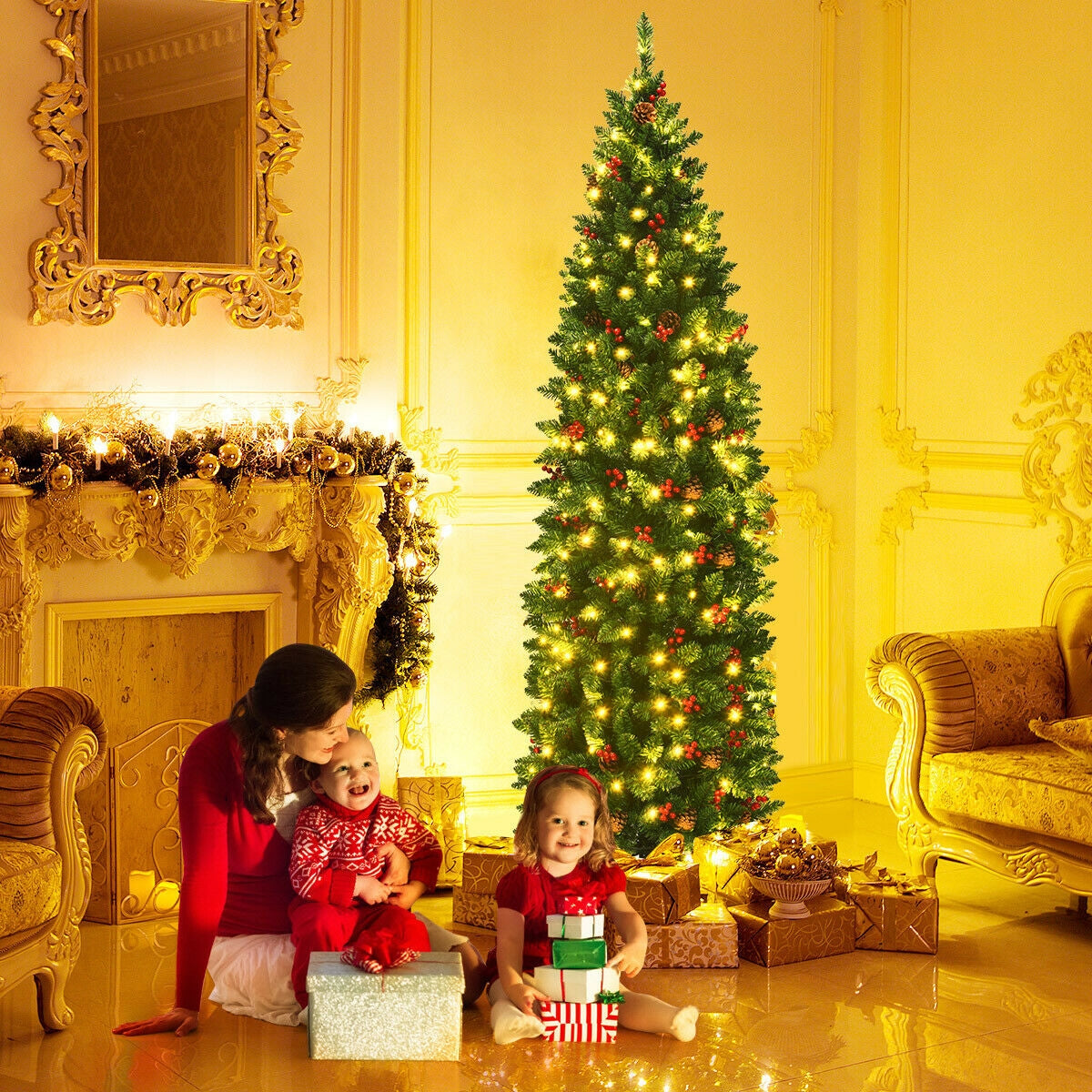 Árbol de Navidad estrecho preiluminado de 6.5 pies con bisagras