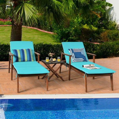 Juego de 3 Sillones Reclinables Portátiles de Ratán Acolchados para Patio con Mesa Plegable