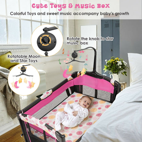 Corral de bebé portátil convertible 3 en 1 con caja de música, ruedas y frenos