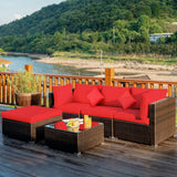 5 Pcs Outdoor Patio Rattan Furniture Set Sectional Conversation with Navy Cushions-Turquoise