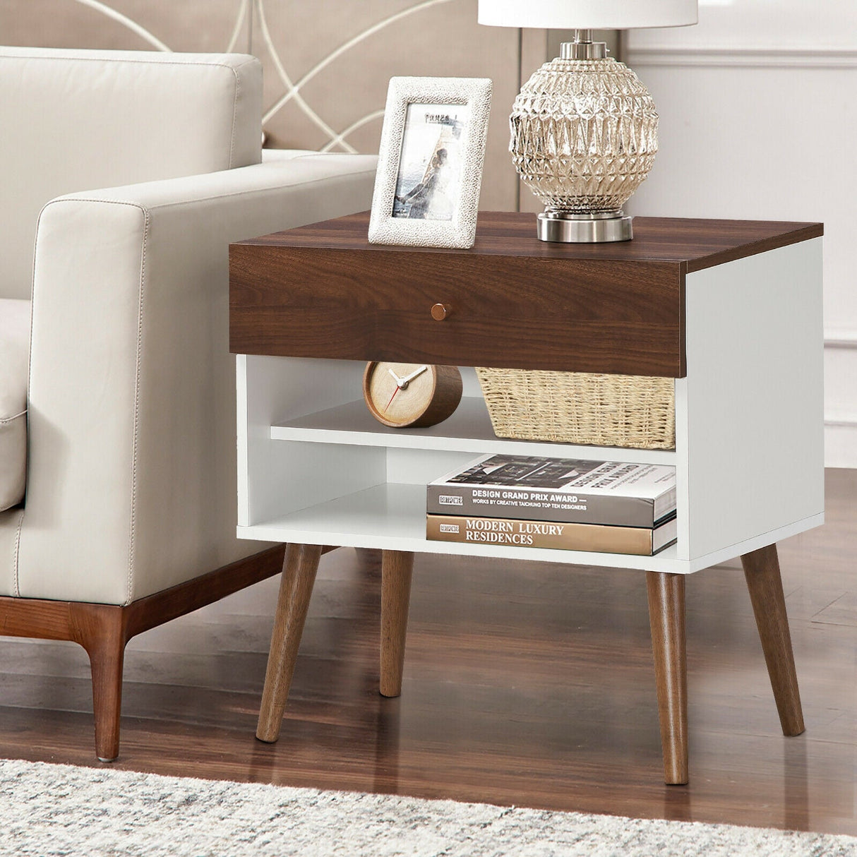 Mesita de Noche Mid-Century con Cajón y Patas de Madera de Caucho