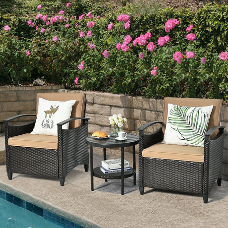 Juego de muebles de ratán para patio de 3 piezas, sofá acolchado, mesa de almacenamiento con estante para jardín