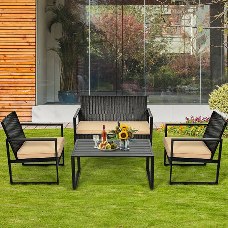 Juego de muebles de ratán para patio de 4 piezas con cojines de asiento y mesa de centro