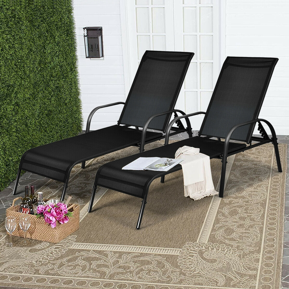 2 sillas de salón reclinables para patio exterior con tela y reposabrazos ajustables - Marrón