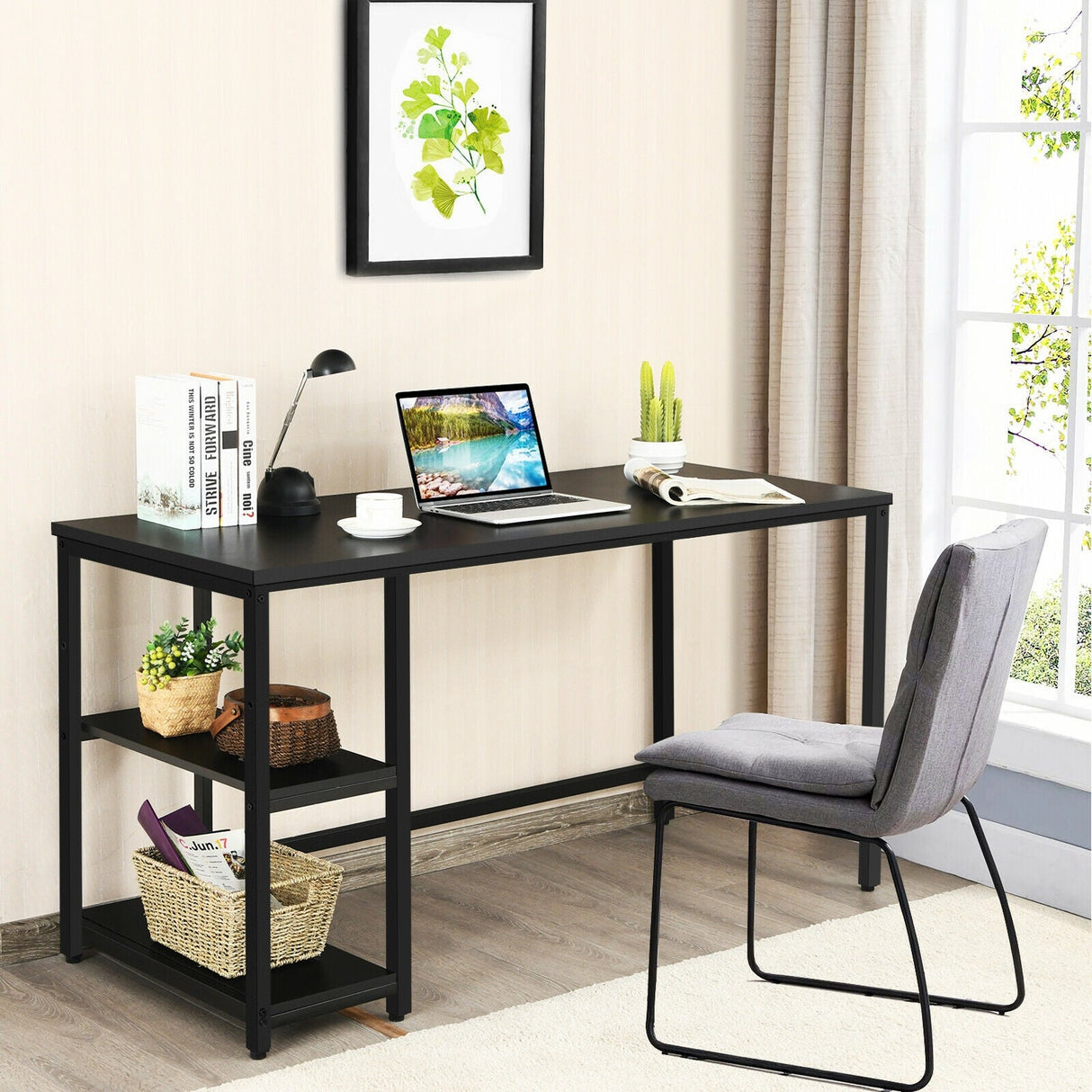 Escritorio de ordenador de 47 pulgadas, mesa de estudio, estación de trabajo para el hogar con estante ajustable, negro