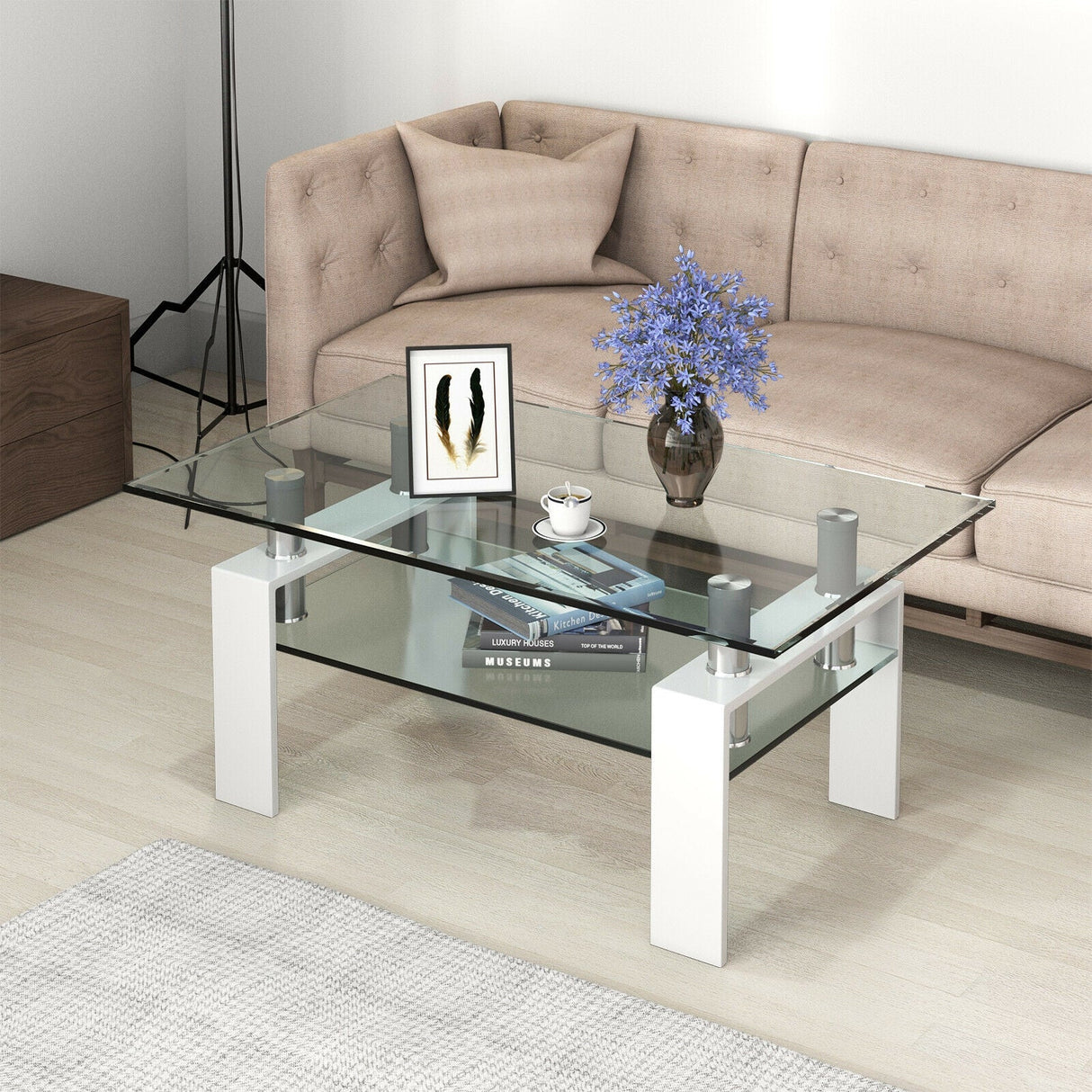 Mesa de centro rectangular de cristal con patas metálicas para salón
