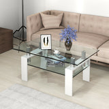 Mesa de centro rectangular de cristal con patas metálicas para salón