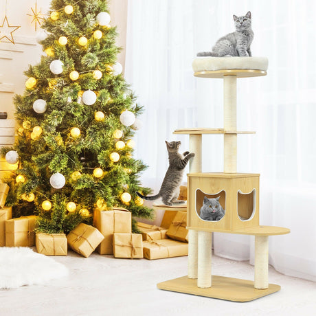 Torre para gatos moderna de madera de 4 niveles con alfombrillas lavables - Nogal