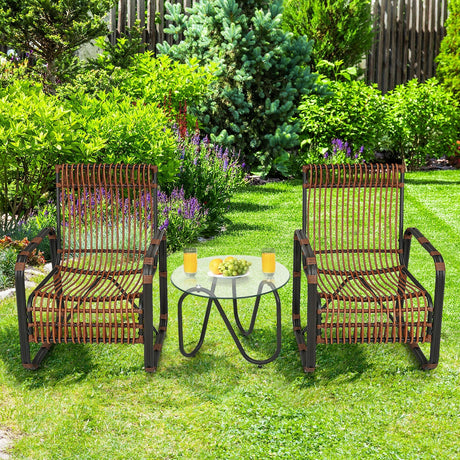 Juego de Muebles de Patio de Ratán de 3 Piezas con 2 Sillas Individuales de Mimbre y Mesa Auxiliar de Cristal