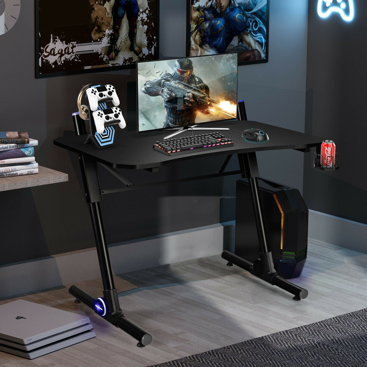 Escritorio de juegos de 43.5 pulgadas de alto, ajustable, con luces LED azules